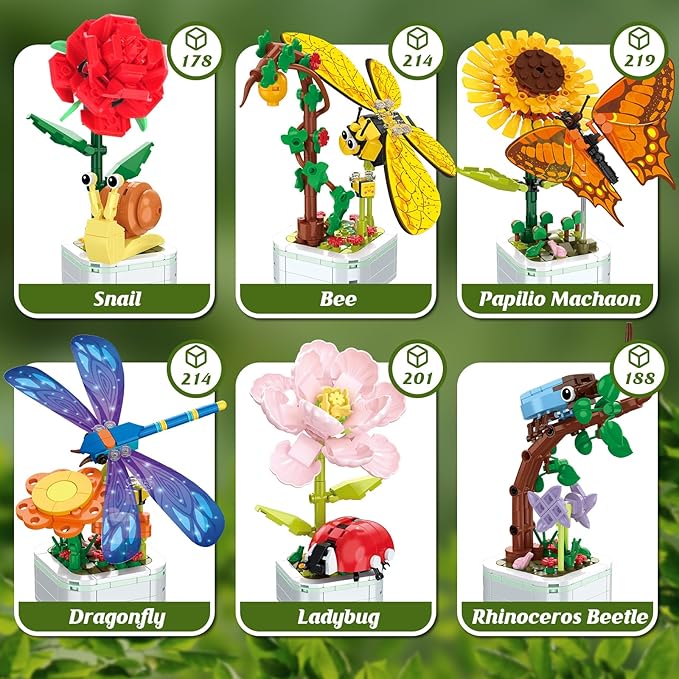 POKONBOY 6 Pack Flowers Building Set, Creative Flower Building Toys Bonsai Building Kits Botanical Collection for Home Room Decor Christmas Birthday Gift for Girls Boys Aged 6 and Up