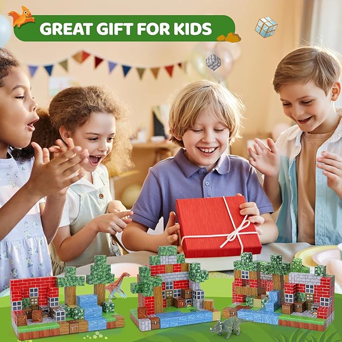 Magnetic Blocks 110PCS with 6 Dinosaur Toys, Building Blocks Set, Toys for Boys & Girls Age 4-6,6-8, Stacking Building Toys for Toddlers Kids 3+(Jungle & Dinosaur)