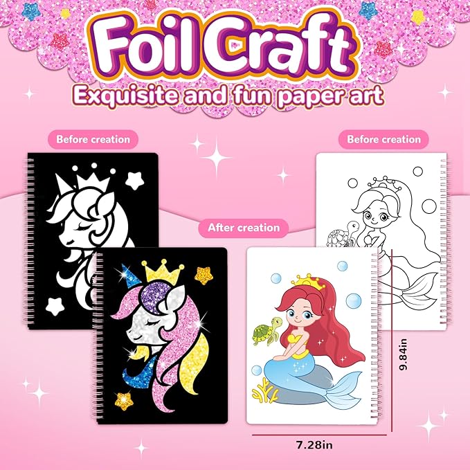 Syahro Art Craft Activity for Kids: Foil Funny Princess, Unicorn and Mermaid Carefree Creative Travel Set, Idea for 3 4 5 6 7 8 9 Year Old Girls，Art Travel Toy Suitable for Girls