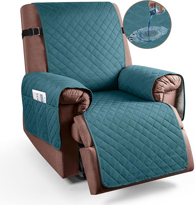 KinCam 100% Waterproof Recliner Chair Cover, Reclining Couch Covers for Pets, Dogs, Recliner Couch Slipcover Furniture Protector with Elastic Straps for Kids(23.6", Peacock Blue)