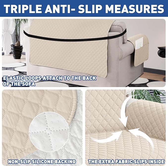 XINEAGE Quilted Sofa Cover Waterproof Couch Covers for 3 Cushion Couch, Super Soft Washable Slipcover with Pockets & Non-Slip Elastic Straps, Thick Furniture Protector (Sofa, Beige)
