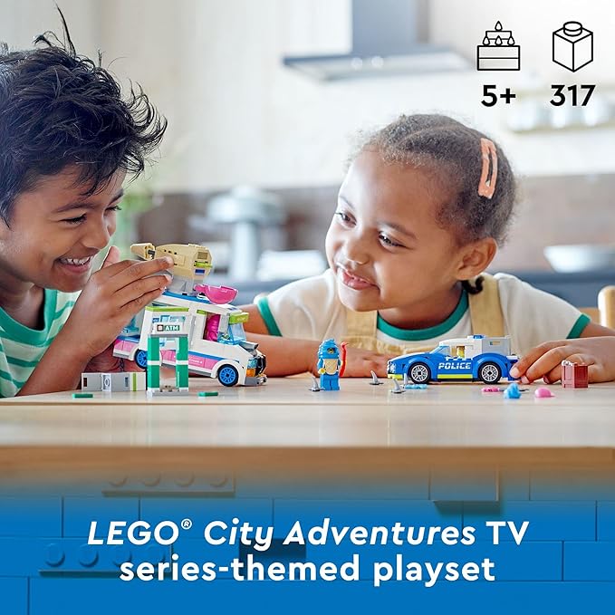 LEGO City Ice Cream Truck Police Chase Van 60314 Toy for Kids, Girls and Boys Age 5 Plus Years Old with Splat Launcher & City Police Car