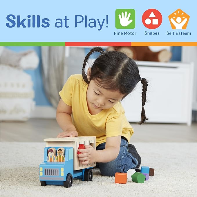 Melissa & Doug Shape-Sorting Wooden Dump Truck Toy, Quality Craftsmanship, 9 Colorful Shapes and 2 Play Figures, 7.5' H X 10.75' W X 4.75' L