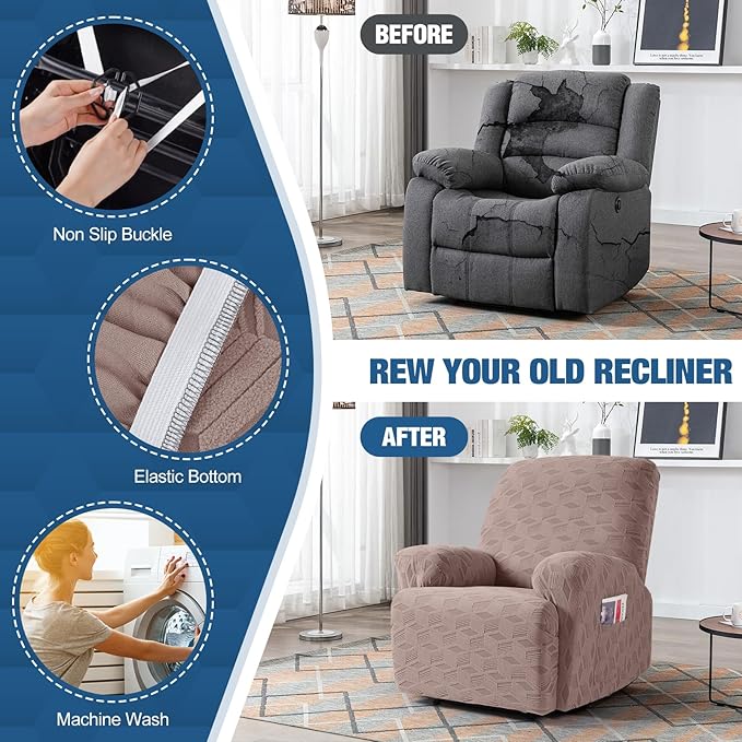 TAOCOCO Oversized Recliner Cover Stretch Recliner Chair Covers, Jacquard Reclining Chair Cover, Furniture Protector Sofa Slipcovers Couch Covers with Elastic Bottom for Kids, Pets (Khaki)
