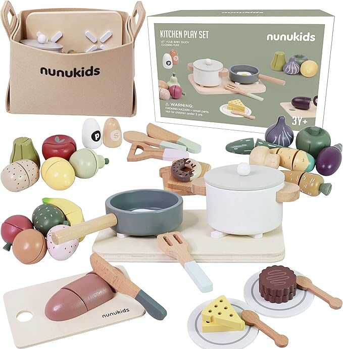 Wooden Play Food Sets for Kids Kitchen 42 pc Wooden Toys with Storage Basket Wood Pretend Food Play Kitchen Accessories Set