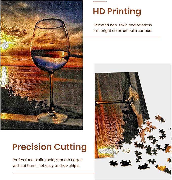 najiaxiaowu Adult Puzzles 500 Pieces DIY Sunset Sea Wine Glass Wooden Puzzles Children and Elderly Puzzles Modern Home Decor Wall Art Unique Gift 52 cm x 38 cm(20.5 x 15 in)