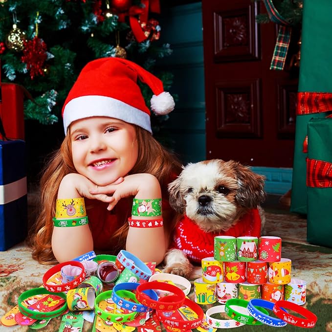 Garma 48Pcs Christmas Slap Bracelets and Silicone Bracelets for Kids, Xmas Bulk Slap Wristbands Rubber Bracelets Set for Christmas Birthday Party Favors Supplies New Year Stocking Stuffers Gifts
