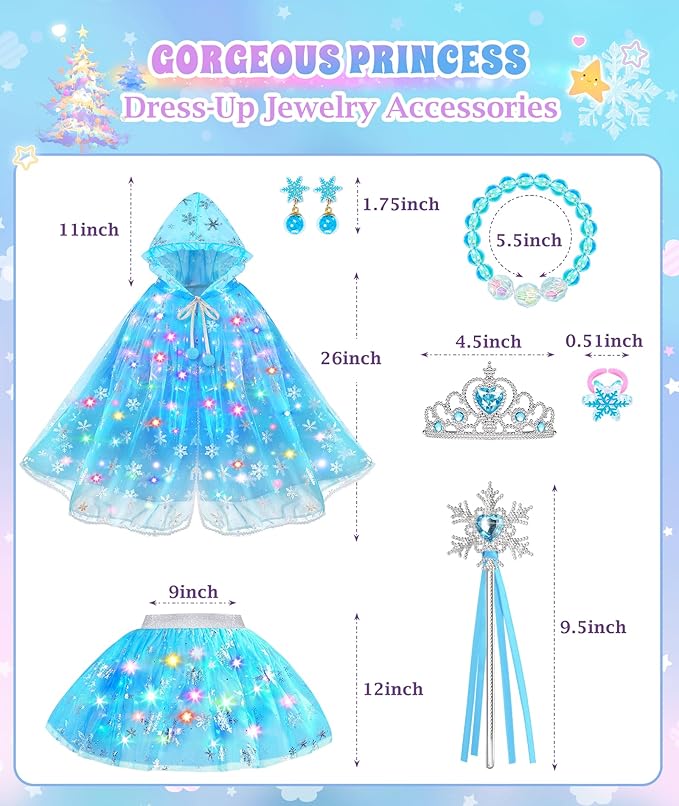 Princess Dress Up for Girls, Light up Princess Cape Princess Dress Costume Crown Wand Gifts for Toddler Girls 3 4 5 6