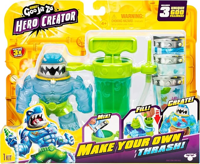 Heroes of Goo Jit Zu Hero Creator Thrash with 3 Unique goo fillings, Mix, Fill & Create Your own Stretchy Action Figure, Play Again and Again