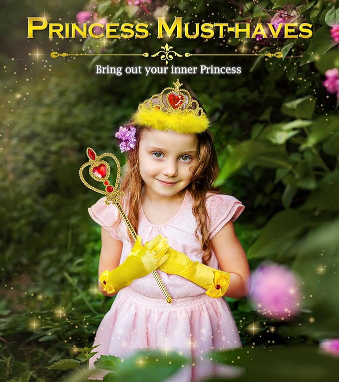 Princess Dress Up Accessories Princess Gloves, 7pcs Dress Up Set for Toddler Girls (Yellow, 7PCS)
