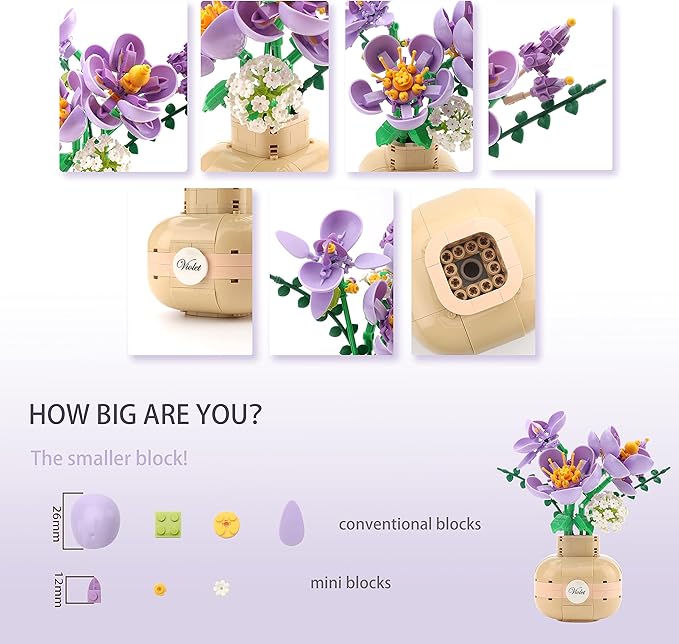 Purple Flower Bouquet Building Blocks Set Violet with Vase for Friends (Adults or Kids Age of 8+) Mini Bricks Botanical Collection Bonsai Tree Plants Ornament Sets for Girls or Women 539PCS