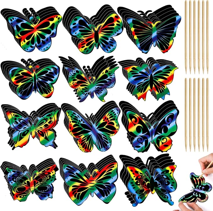 Mezchi 120 Pcs Butterfly Scratch Art for Kids, Rainbow Scratch Paper with 12 Wooden Stylus, Black Scratch Off Paper for Kids, Butterfly Crafts for Kids DIY Crafts, Scratch Art Party Favors,12 Styles