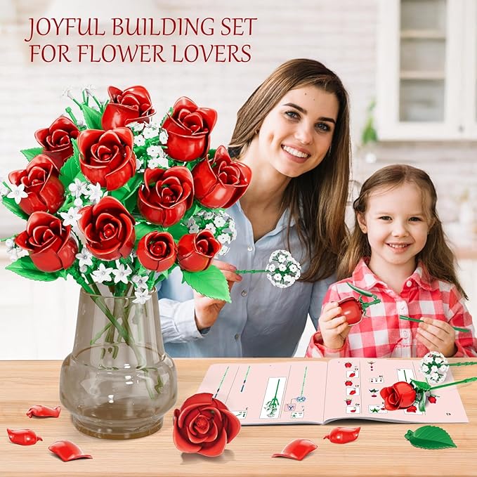 Red Rose Flowers Bouquet Building Set, Flower Plants for Botanical Collection and Decorative Home Table Art Forever Rose Toy, Valentine's DIY Gift for Women Girls Adults 6+, No Vase