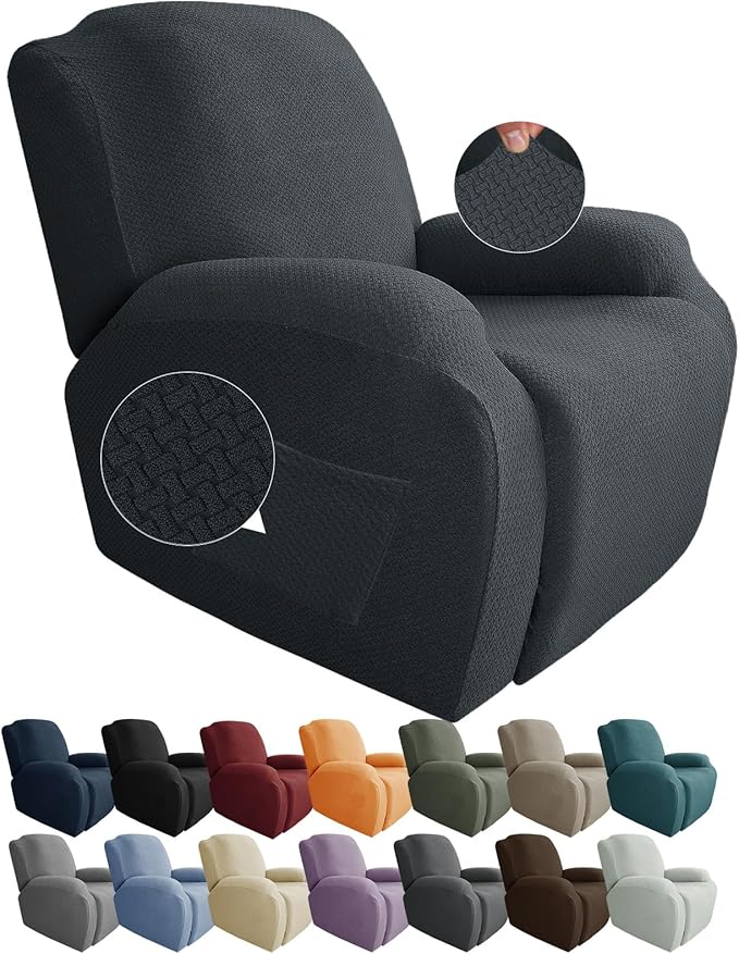 JIVINER Oversized Recliner Chair Covers 4 Piece Stretch Lazy Boy Recliner Sofa Slipcover Jacquard Large Recliner Covers with Elastic Bottom Soft Furniture Protector (XL Recliner,Dark Gray)