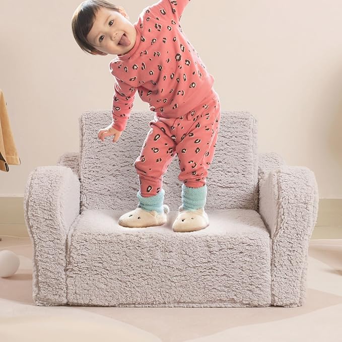 Kids Chairs for Toddler, 2-in-1 Toddler Soft Sherpa Couch Fold Out, Convertible Sofa to Lounger for Girls and Boys, Grey