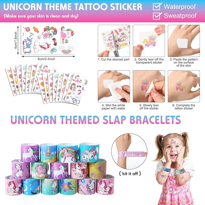 Qilery 195 Pcs Mermaid Party Unicorn Party Dinosaur Party Shark Party Favors Includes Plastic Cup with Lid Straw Keychain Bracelet Ring Stamper Stickers Tag For Party Favors Piñata Filling (Unicorn)