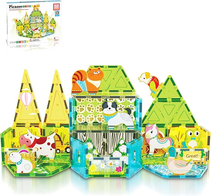 PicassoTiles Magnet Tile Building Blocks Farm Animal Toy Set with 8 Character Action Figures Magnetic Tiles STEM Learning Kit Playset Educational Pretend Play Preschool Toddler Child Kid Age 3+ PTQ17