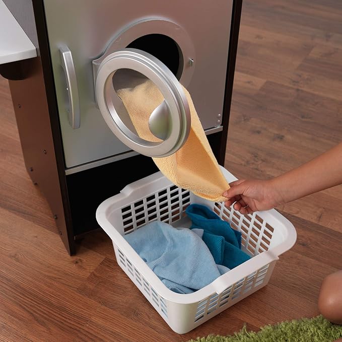 KidKraft Laundry Playset Children's Pretend Wooden Stacking Washer and Dryer Toy with Iron and Basket, Espresso, Gift for Ages 3+