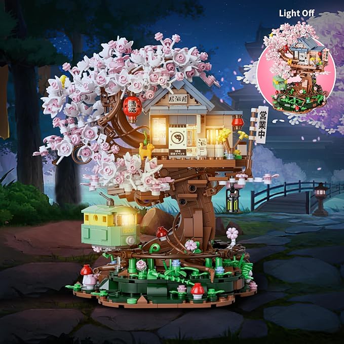Cherry Blossom Treehouse Building Set for Girls 8-12, Compatible with Lego Friends, Flowers House Japanese Izakaya Shop Architecture Building Blocks Toy with Light for Adults, Gift for Kids (1098 PCS)
