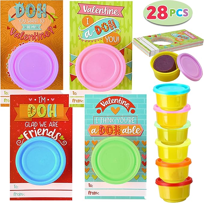 JOYIN 28 PCS Valentine Day Gift Cards with Colorful Playing Dough for Kids Party Favors, Valentine's Classroom Exchange Prize