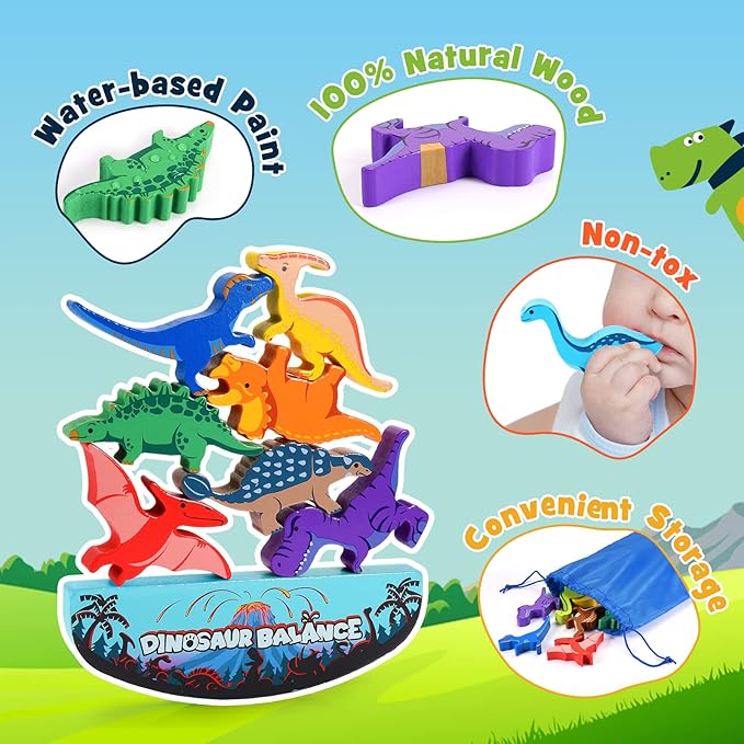 Dinosaur Toys for Kids 3-5: Wooden Stacking Montessori Toys for 3 4 5 6 7 Year Old Balance Competition Game for Family Ideal Easter Birthday Gifts for Kids Ages 3-7 (Double Version)
