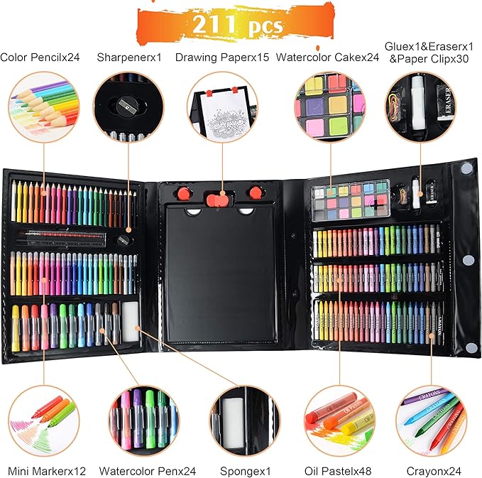 KIDDYCOLOR 211pcs Kids Art Supplies, Portable Painting & Drawing Art Kit for Kids with Oil Pastels, Crayons, Colored Pencils, Markers, Double Sided Trifold Easel Art Set for Girls Boys Teens 3-12