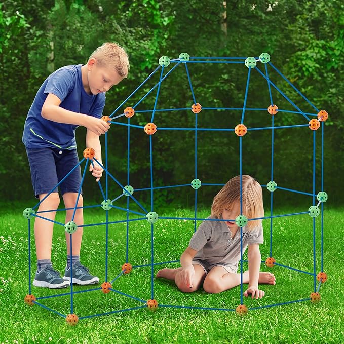 VEVOR Fort Building Kit for Kids, 180PCS STEM Building Toys, Educational Gift for 4 5 6 7 8+ Year Old Boys & Girls, Indoor Outdoor Play Tent Builder Set Construction Toys with 120 Rods and 60 Balls