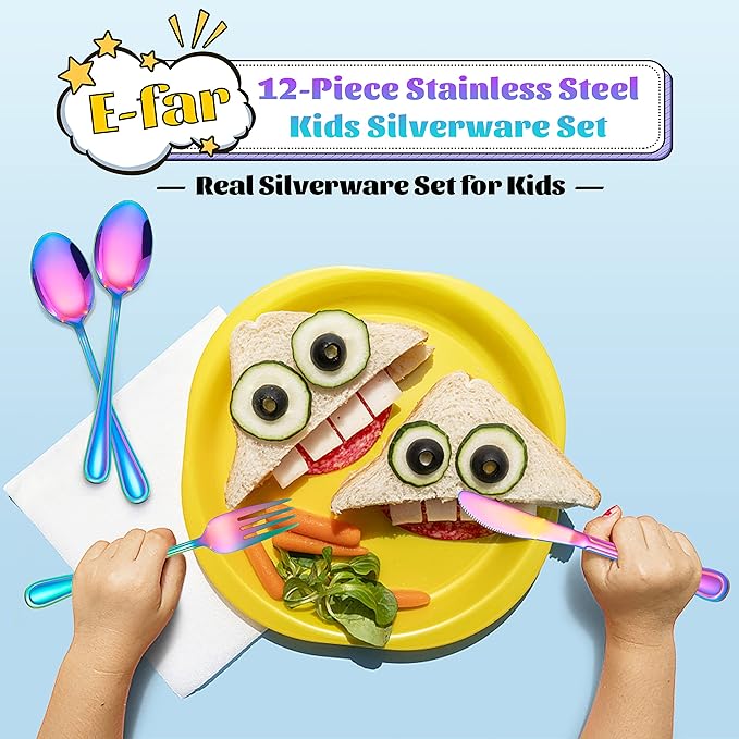 E-far 12-Piece Rainbow Kids Silverware, Stainless Steel Toddler Kids Utensils Safe for Preschooler/Children, Includes 4 Forks 4 Spoons 4 Knife, Slimline Look & Small Size, Rust Free