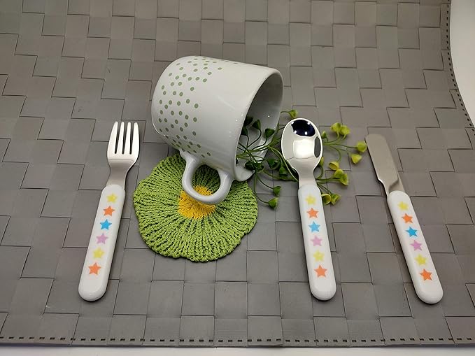 EXZACT Kids Flatware 6pcs Stainless Steel 18/10 Toddler Utensils Flatware- 3 x Forks, 3 x Spoons- BPA Free, Dishwasher Safe - 12 M+ - Stars & Dots