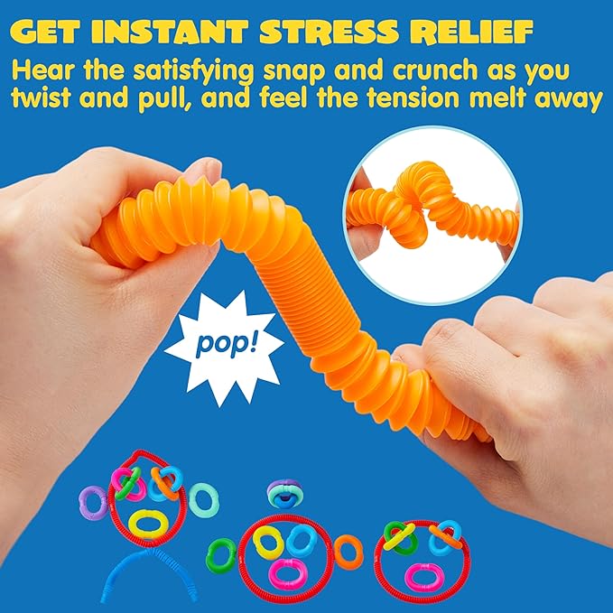 JOYIN 18 Pack Pop Tubes, Sensory Toys（Small） Fidget Tubes Party Favors - 9 Colors, Connectable and Extendable for Stress Relief - Perfect for Party, Classroom Exchange, School Reward