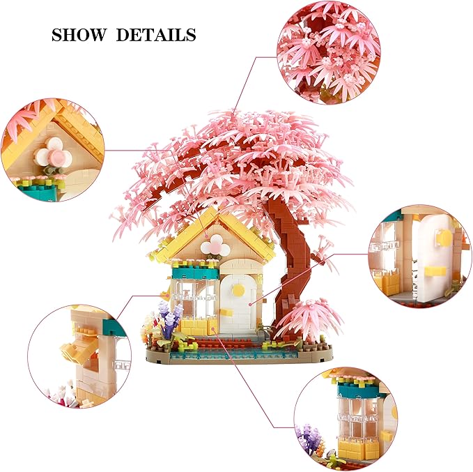 Mirco Block Pink Wishing Tree House Building Block Set,1500 PCS for Adults and Kids, Construction Set