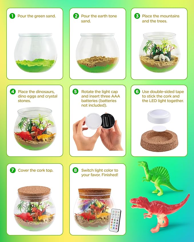 D-FantiX Dinosaur Toys Terrarium Kit for Kids, LED Dino Night Light, DIY Arts and Crafts Science Projects Kit, Birthday for Boys Age 3 4 5 6 7 8-12 Year Old