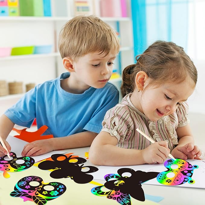 CY2SIDE 30PCS Insects Scratch Masks for Kids Spring Insects Color Scratch Masks for Kids Bugs Party Favors DIY Butterfly Bees Face Magic Art Rainbow Color Paper Craft Kits for Classroom Art Project