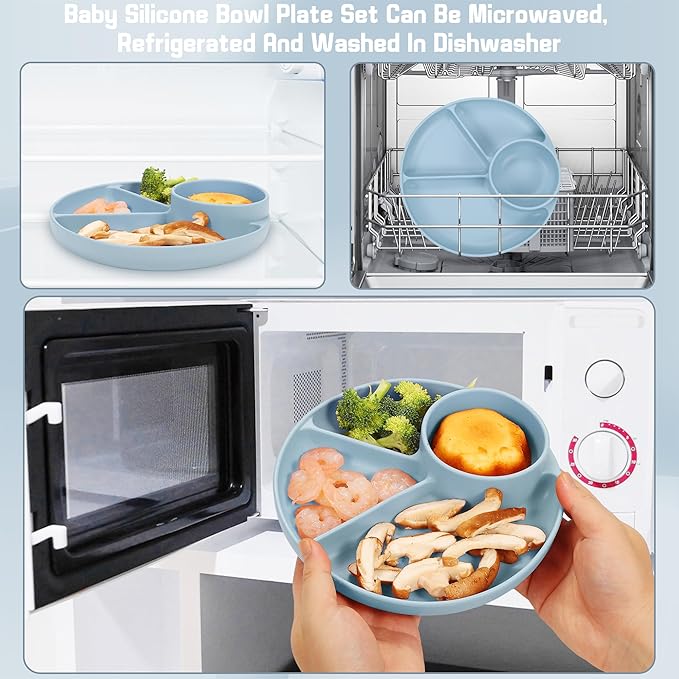 Silicone Baby Feeding Set, Baby Led Weaning Supplies, Silicone Suction Plate, Bowl, Spoons, Fork, Waterproof Bib, Cup and Food Tableware, Eating Utensils Baby Feeding Essentials for 3+ Months