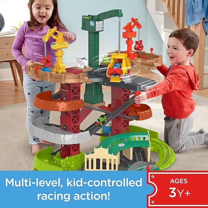 Thomas & Friends Multi-Level Toy Track Set, Trains & Cranes Super Tower, 2.5 Ft Tall with 3 Characters for Preschool Kids Ages 3+ Years