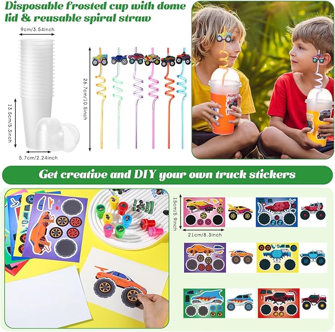HyDren 171 Pcs Truck Party Favors Included Gift Cup Straw Keychain Slap Bracelet Mini Truck Puzzle Sticker Stamper Card Tattoo Sticker Shovel Sticker Tag Cable Tie for Birthday Gift Prize