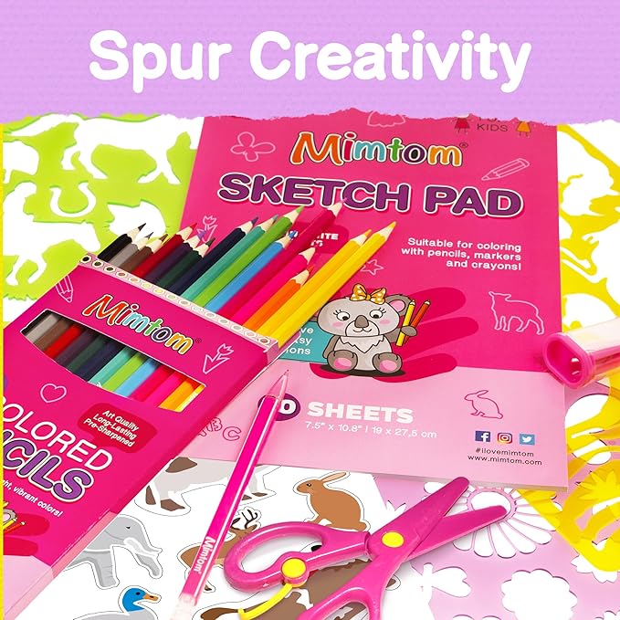 Mimtom Drawing Stencil Kit for Kids, 51 PC Art Set with 270+ Shapes, Sketch Pad, and Colored Pencils for Child's DIY Arts and Crafts, Draw with Princess, Fairies and Animal Stencils, Pink