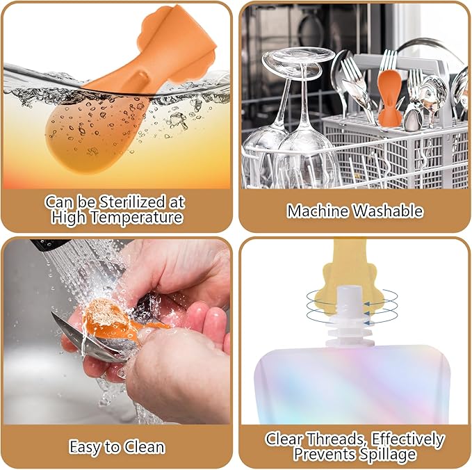 Silicone Spoon Attachment for Baby Food Pouch with On-the-Go Cases - Includes 2 Squeeze Pouch Topper Attachments (White-orange)