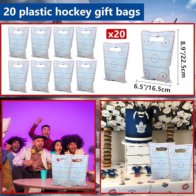 130PCS Hockey Party Favors - Incliding Hockey Keychains, Ice Hockey Gift Bags, Slap Bracelets, Hockey Stickers, Sports Mini Foam Fingers for Boys Fans Sports Hockey Birthday Party Supplies