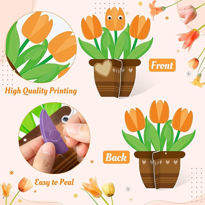 WATINC 28 Pack Tulips Flower Craft Kit, Make Your Tulips Craft Appreciation Gift with Greeting Tags, DIY Thankful Flowers Decor for Home School Party Classroom Art Activitie