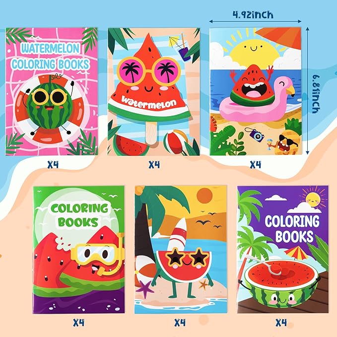 Dvbonike 24Pcs Watermelon Coloring Books Summer Themed DIY Color-in Pages with Seaside Beach Sunglasses Drawing Party Favors Gifts Home School Classroom Game Art Activity Supplies for Kids Age 4-8