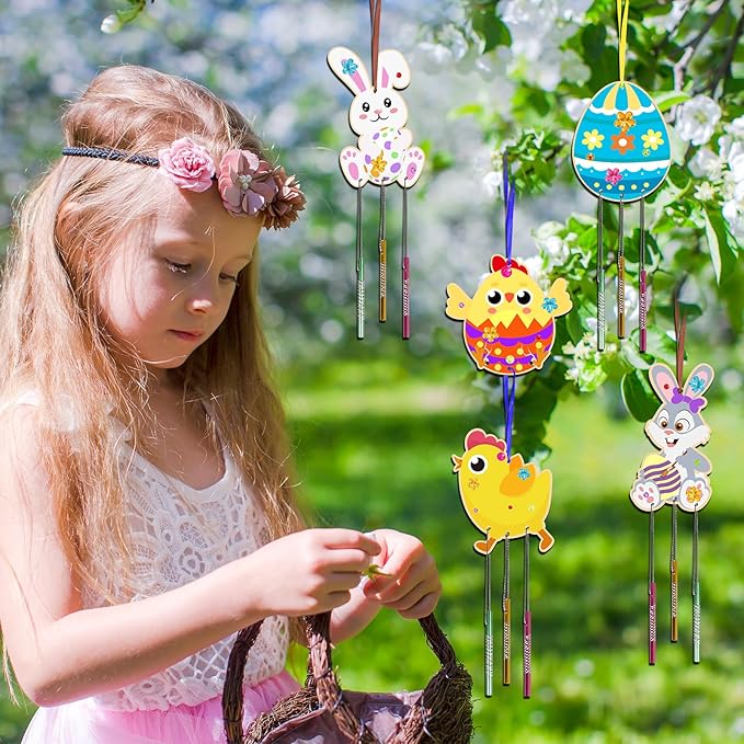 Fennoral 30 Pack Easter Wind Chime Kit for Kids Make You Own Bunny Egg Wind Chimes DIY Coloring Wooden Easter Art and Craft for Easter Hanging Ornaments Easter Party Decoration