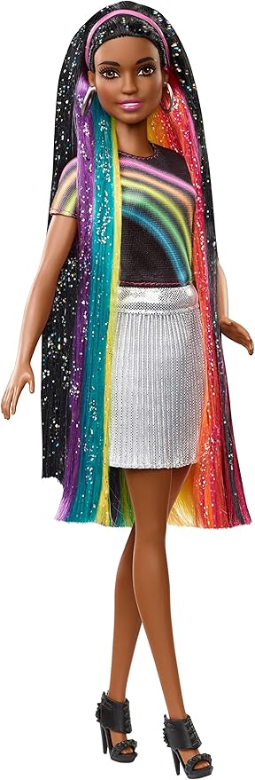 Barbie Rainbow Sparkle Hair Doll Featuring Extra-Long 7.5-inch Brunette Hair with a Hidden Rainbow of Five Colors, Sparkle Gel and Comb and Hairstyling Accessories, Gift for 5 to 7 Year Olds