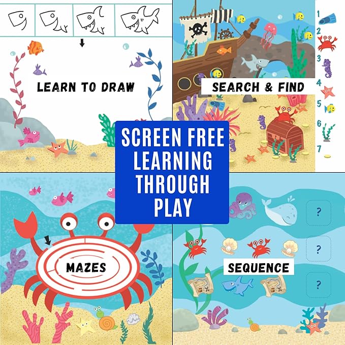 Kids Travel Educational Activity Books with Washable Markers - Car and Airplane Activities, Learning Toys for Toddlers- Search and Find, Reusable Stickers for Ages 4, 5, 6 (Ocean & Princess)