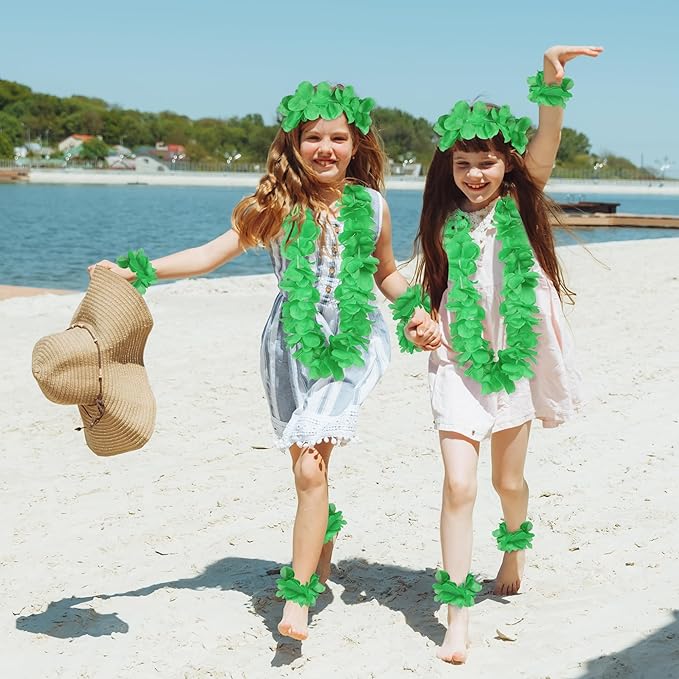 HOBBY HORSE 12 Pieces Hawaiian Luau Flower Leis Halloween Decor Leis Green Necklaces Bracelets Headband Anklets Set Tropical Party Favor for Halloween Cosplay Beach Wedding Birthday Party Supplies