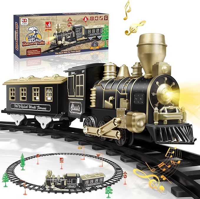 JUQU Train Set - Train Toys for Boys w/Lights & Sounds (ON/Off), Toddler Toy Train Sets w/Locomotive Engine, Cars& Tracks, Christmas Train Gift for 3 4 5 6 7 8+ Year Old Kids Birthday Gifts