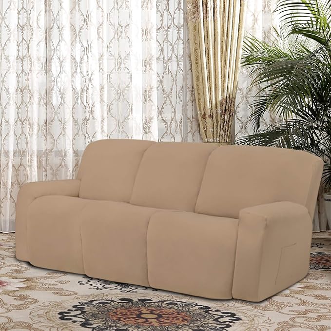 Easy-Going 8 Pieces Microfiber Stretch Sectional Recliner Sofa Slipcover Soft Fitted Fleece 3 Seats Couch Cover Washable Furniture Protector with Elasticity for Kids Pet(Recliner Sofa, Camel)