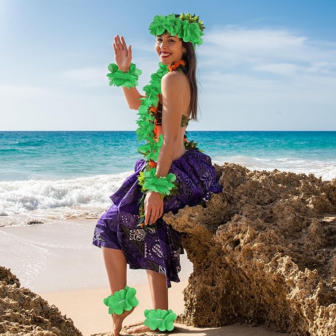 HOBBY HORSE 24 Pieces Hawaiian Luau Flower Leis Halloween Decor Leis Green Necklaces Bracelets Headband Anklets Set Tropical Party Favor for Halloween Cosplay Beach Wedding Birthday Party Supplies