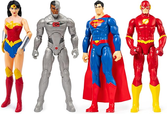 DC Comics 12-inch Action Figure 4-Pack with Superman, The Flash, Wonder Woman and Cyborg, Kids Toys for Boys and Girls Ages 3+