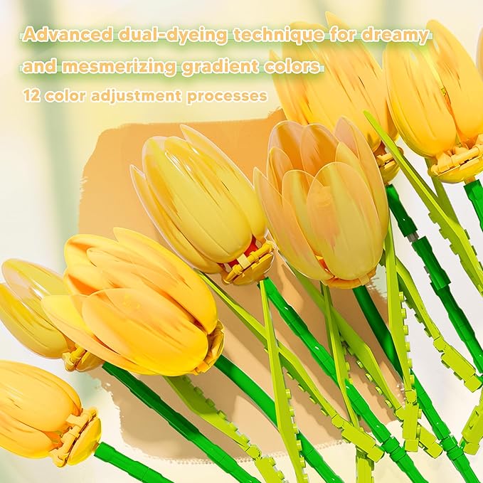 Flower Bouquet Building Toy Set Tulips, Botanical Building Blocks for Adults Home Office Decor Orange Color